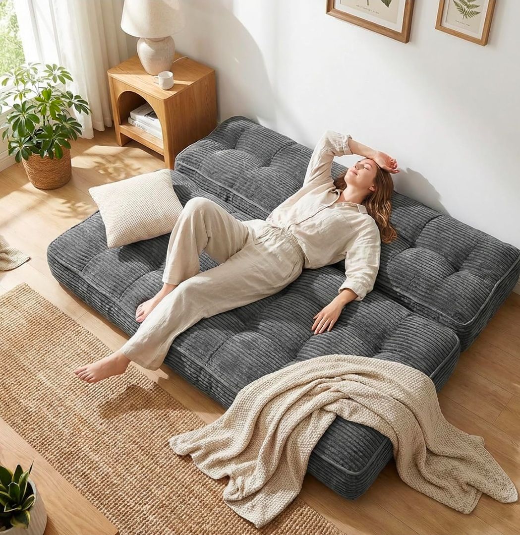 63 Inch Folding Bench Cushion, 4 Inch Thick 2-in-1 Convertible Long Floor Lounger Boneless Cushions Couch Mattress Upholstered for Yoga, Reading, Sleeping, Meditation Living Room