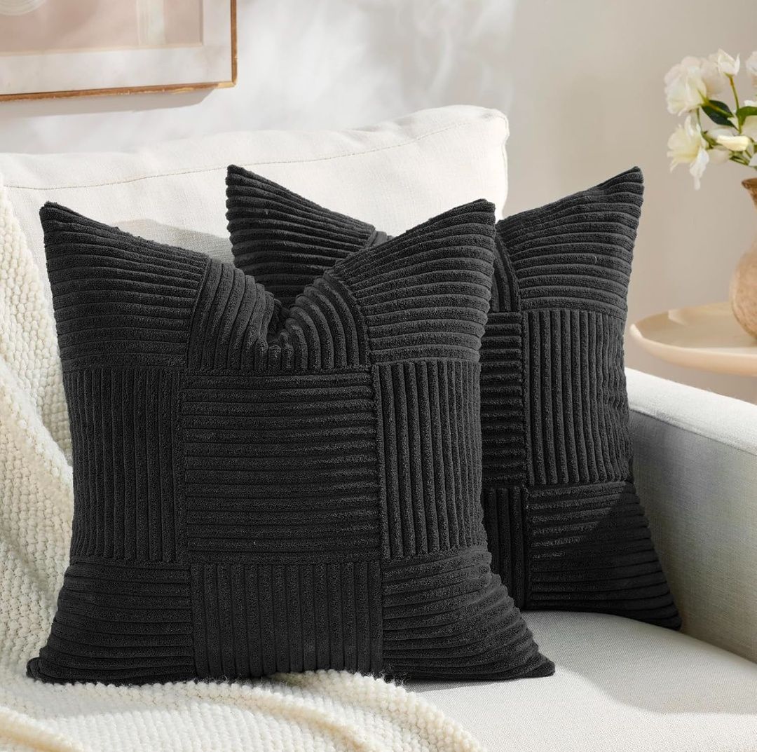 Set of 2 Boho Decorative Throw Pillow Covers 18x18 Inch for Living Room Bedroom Couch Bed Sofa, Modern Farmhouse Home Decor, Soft Striped Plaid Corduroy Accent Cushion Case