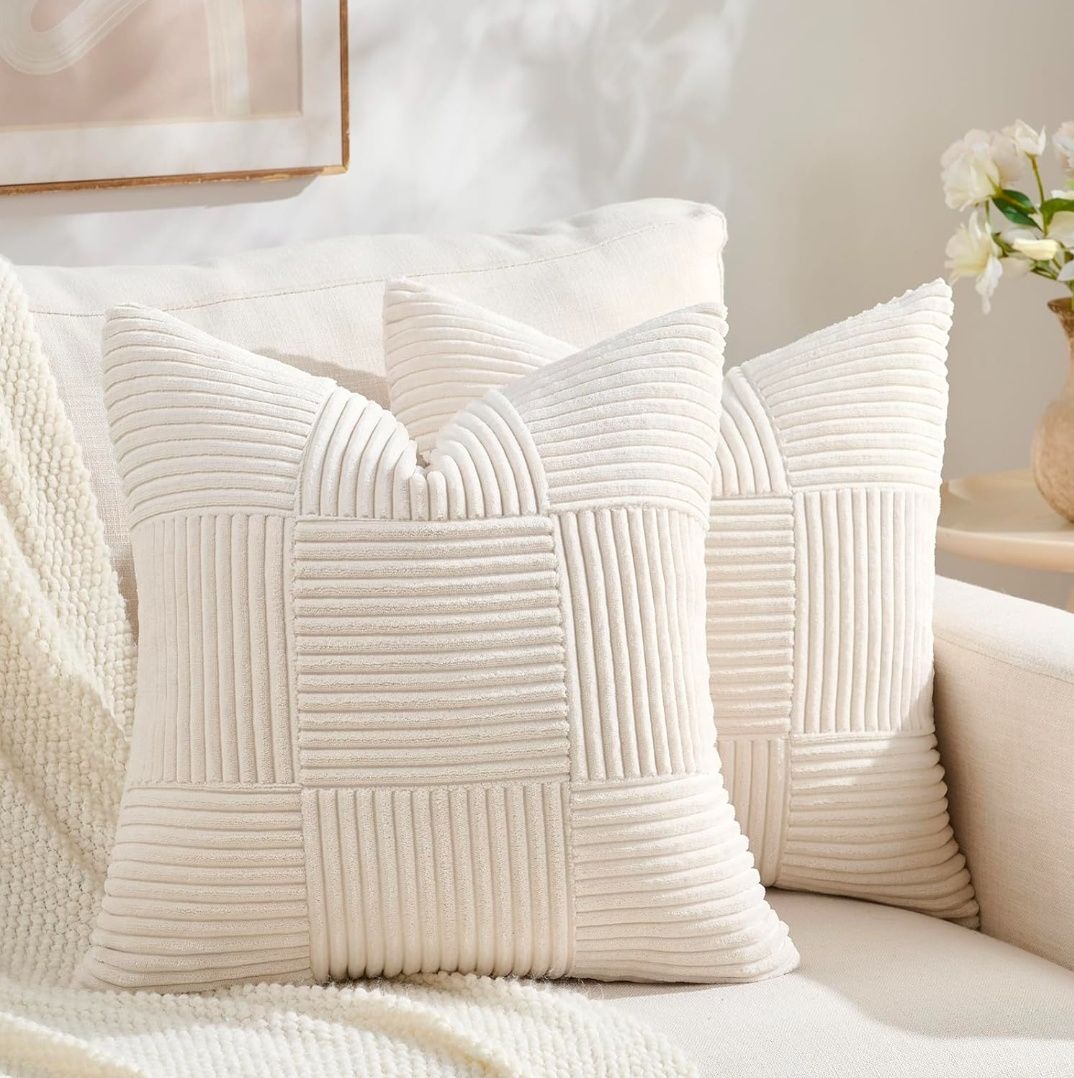 Set of 2 Boho Decorative Throw Pillow Covers 18x18 Inch for Living Room Bedroom Couch Bed Sofa, Modern Farmhouse Home Decor, Soft Striped Plaid Corduroy Accent Cushion Case