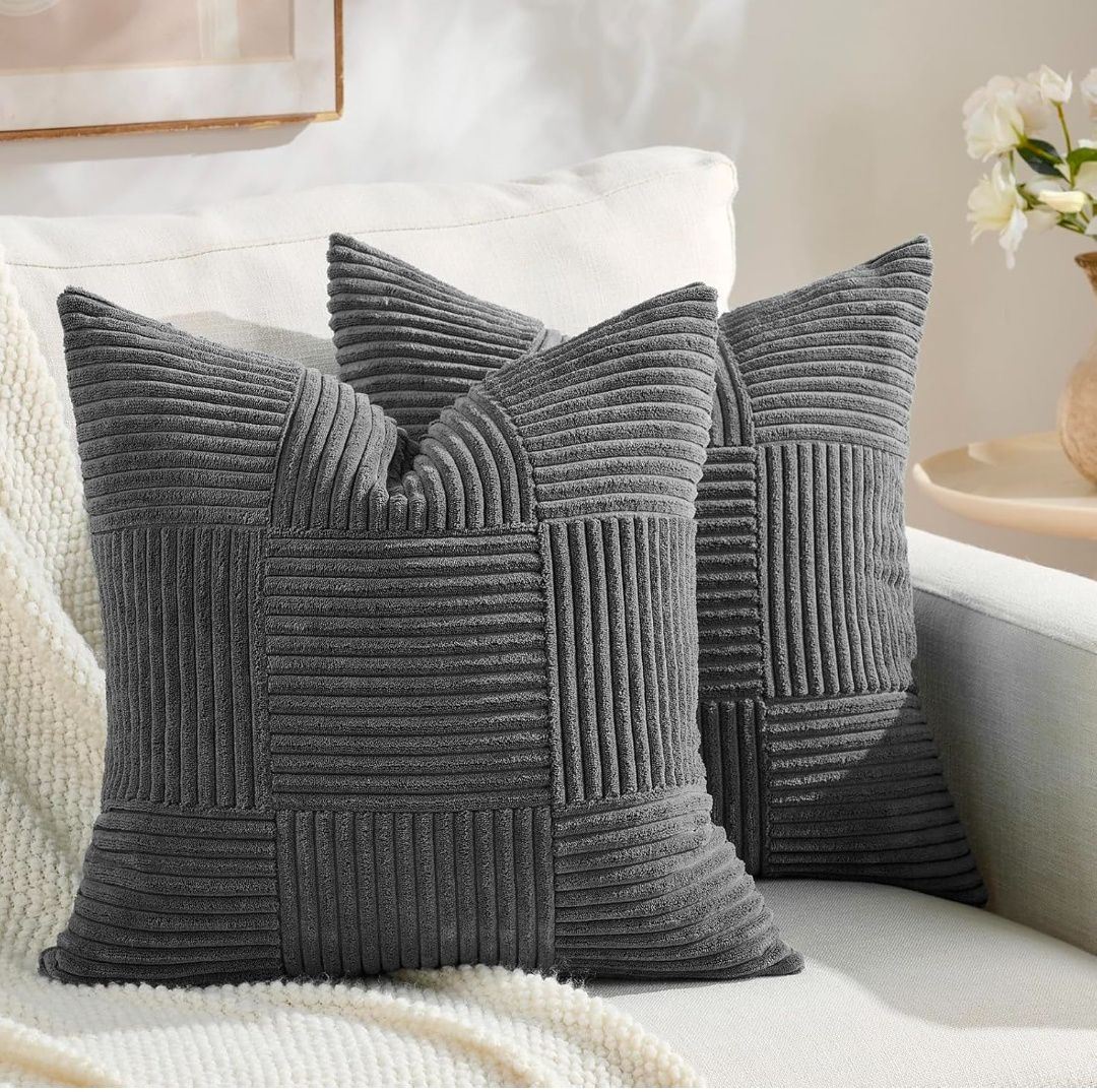 Set of 2 Boho Decorative Throw Pillow Covers 18x18 Inch for Living Room Bedroom Couch Bed Sofa, Modern Farmhouse Home Decor, Soft Striped Plaid Corduroy Accent Cushion Case