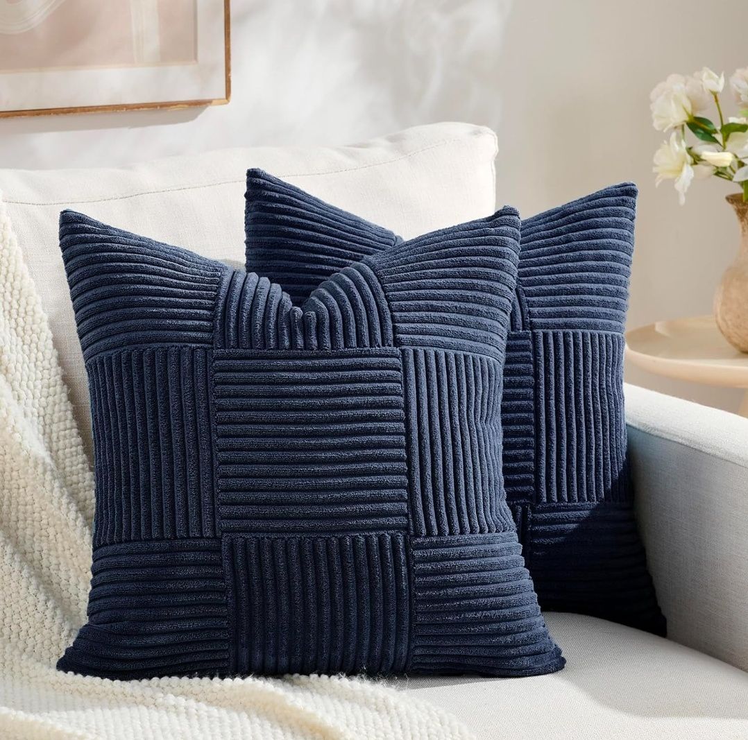 Set of 2 Boho Decorative Throw Pillow Covers 18x18 Inch for Living Room Bedroom Couch Bed Sofa, Modern Farmhouse Home Decor, Soft Striped Plaid Corduroy Accent Cushion Case