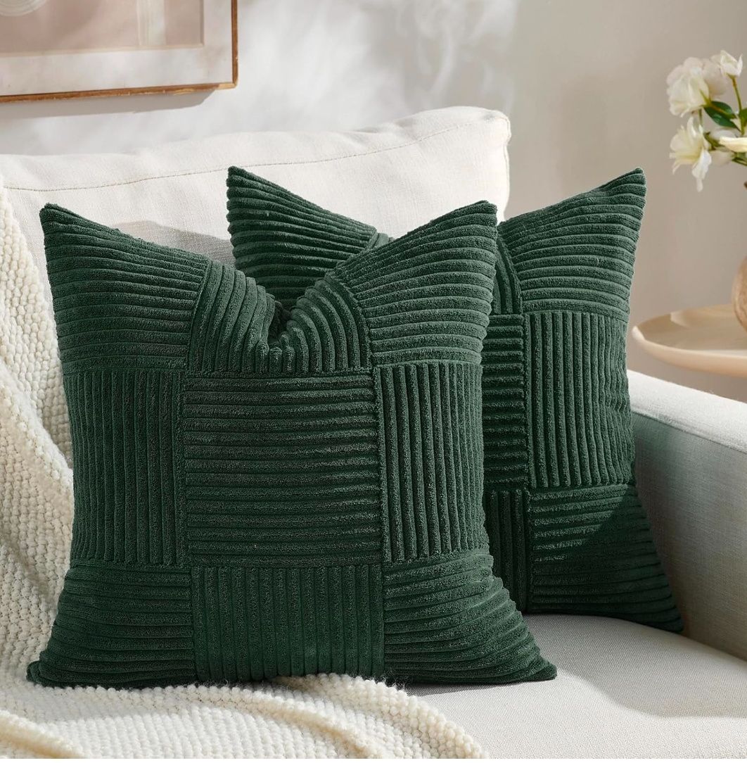 Set of 2 Boho Decorative Throw Pillow Covers 18x18 Inch for Living Room Bedroom Couch Bed Sofa, Modern Farmhouse Home Decor, Soft Striped Plaid Corduroy Accent Cushion Case