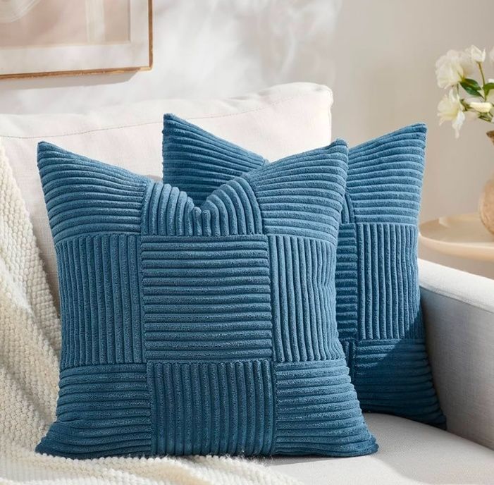 Set of 2 Boho Decorative Throw Pillow Covers 18x18 Inch for Living Room Bedroom Couch Bed Sofa, Modern Farmhouse Home Decor, Soft Striped Plaid Corduroy Accent Cushion Case