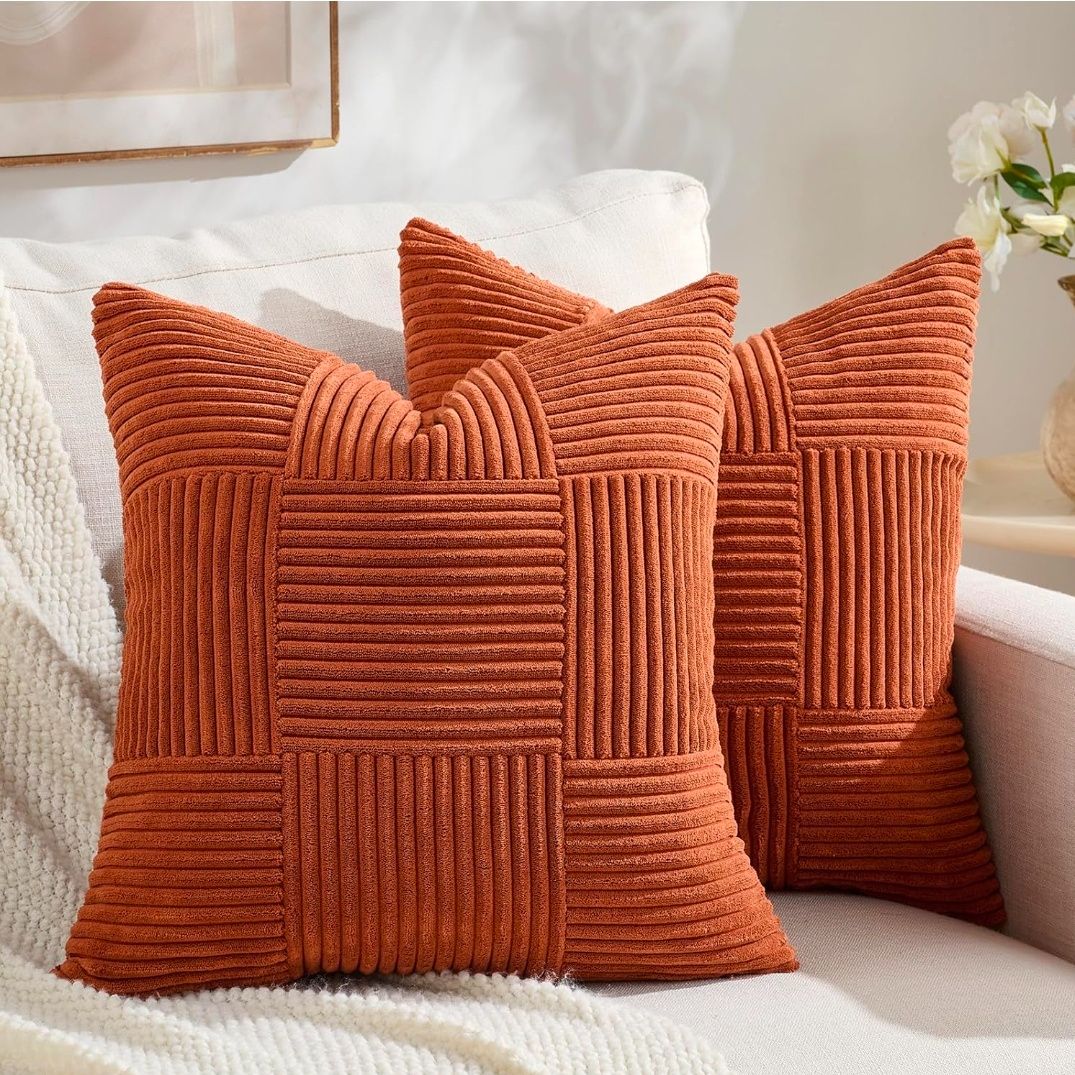 Set of 2 Boho Decorative Throw Pillow Covers 18x18 Inch for Living Room Bedroom Couch Bed Sofa, Modern Farmhouse Home Decor, Soft Striped Plaid Corduroy Accent Cushion Case