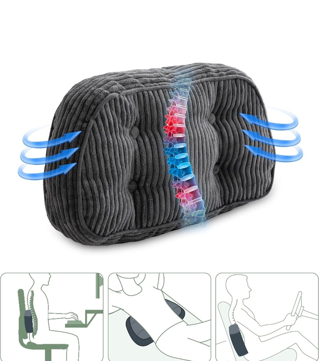 Lumbar Support Pillow for Recliner Chair/Accent Chair/Couch/Office Chair, Tufted Corduroy Back Support Cushion for Elderly, Recliner Cushions for Back Rest, Pain Relief, Reading