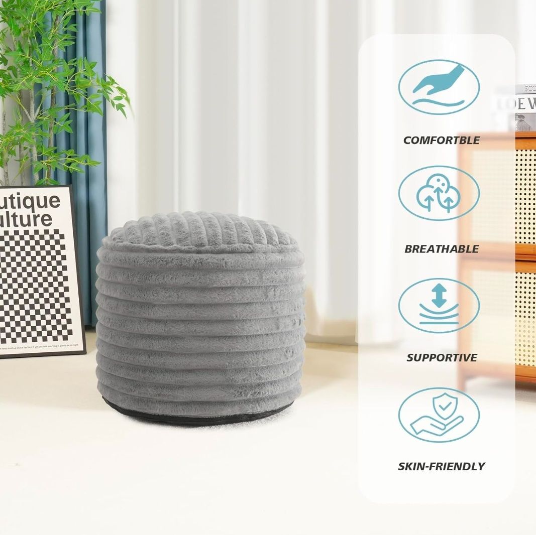 Pouf Ottoman Stuffed Round for Foot Rest, Faux Fur Poufs with Foam Chunk Filling, Storage Ottoman Pouf Foot Stool Cushion, 26 X 18 Inch Floor Chair for Living Room Bedroom Home Decor