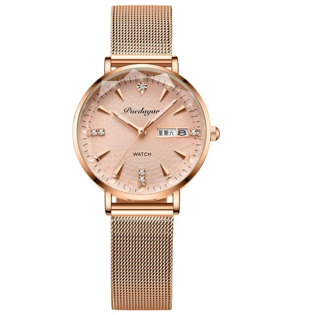 POEDEGAR LADIES Quartz Watch withStainless Steel Mesh simple Rhinestones Rose Gold Strap Waterproof Wrist watch Fashion Diamond Watches for Women