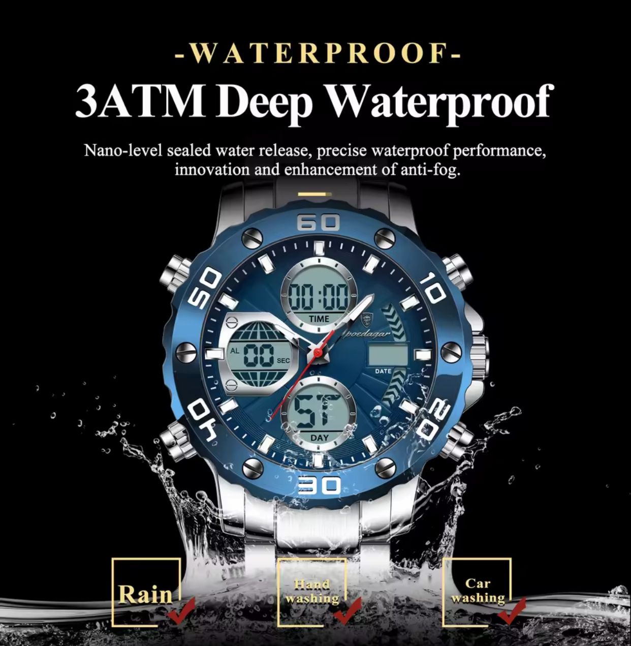 DIVER POEDAGAR 2025 Men's Military-Style LED Alarm Dual Time Display Analog-Digital Quartz Movement - Waterproof Design Luminous Hands Backlight Chronograph Calendar Week Display Repeater Function