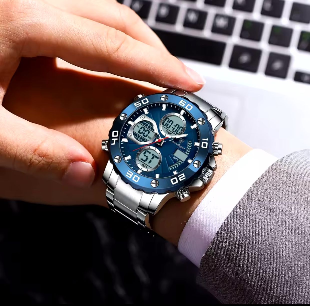 DIVER POEDAGAR 2025 Men's Military-Style LED Alarm Dual Time Display Analog-Digital Quartz Movement - Waterproof Design Luminous Hands Backlight Chronograph Calendar Week Display Repeater Function