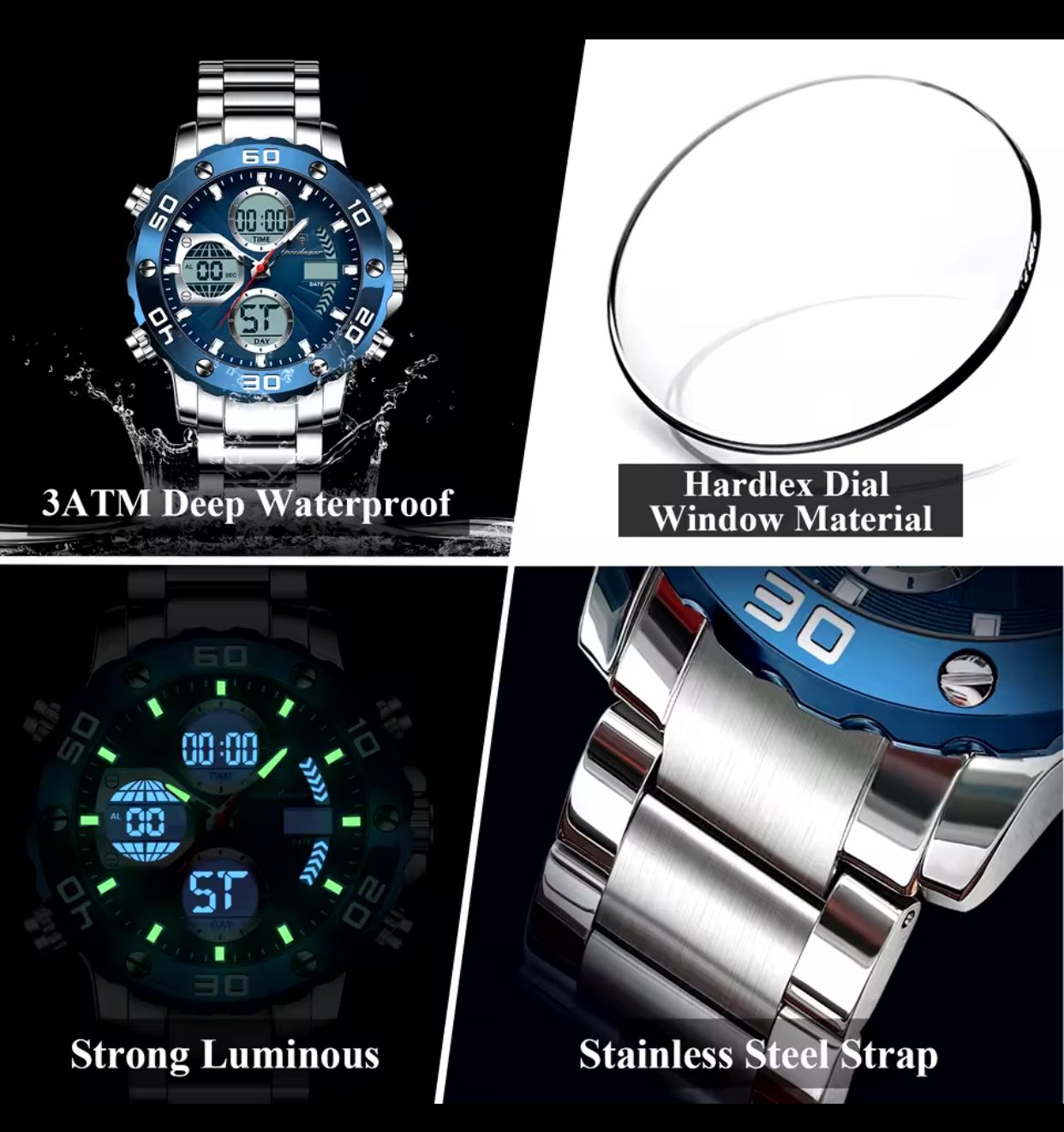 DIVER POEDAGAR 2025 Men's Military-Style LED Alarm Dual Time Display Analog-Digital Quartz Movement - Waterproof Design Luminous Hands Backlight Chronograph Calendar Week Display Repeater Function