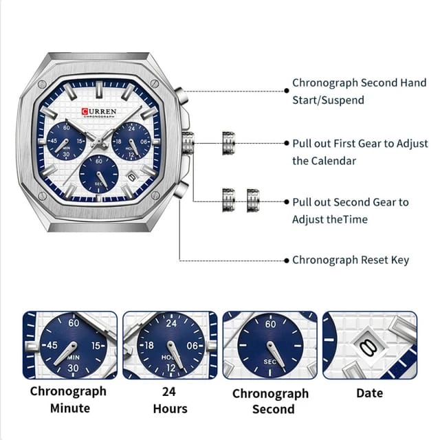 CURREN 8459 Men Business Sport Square Dial Calendar Waterproof Luminous Top Brand LuxuryChronograph Original Quartz Steel Band Mens Watch
