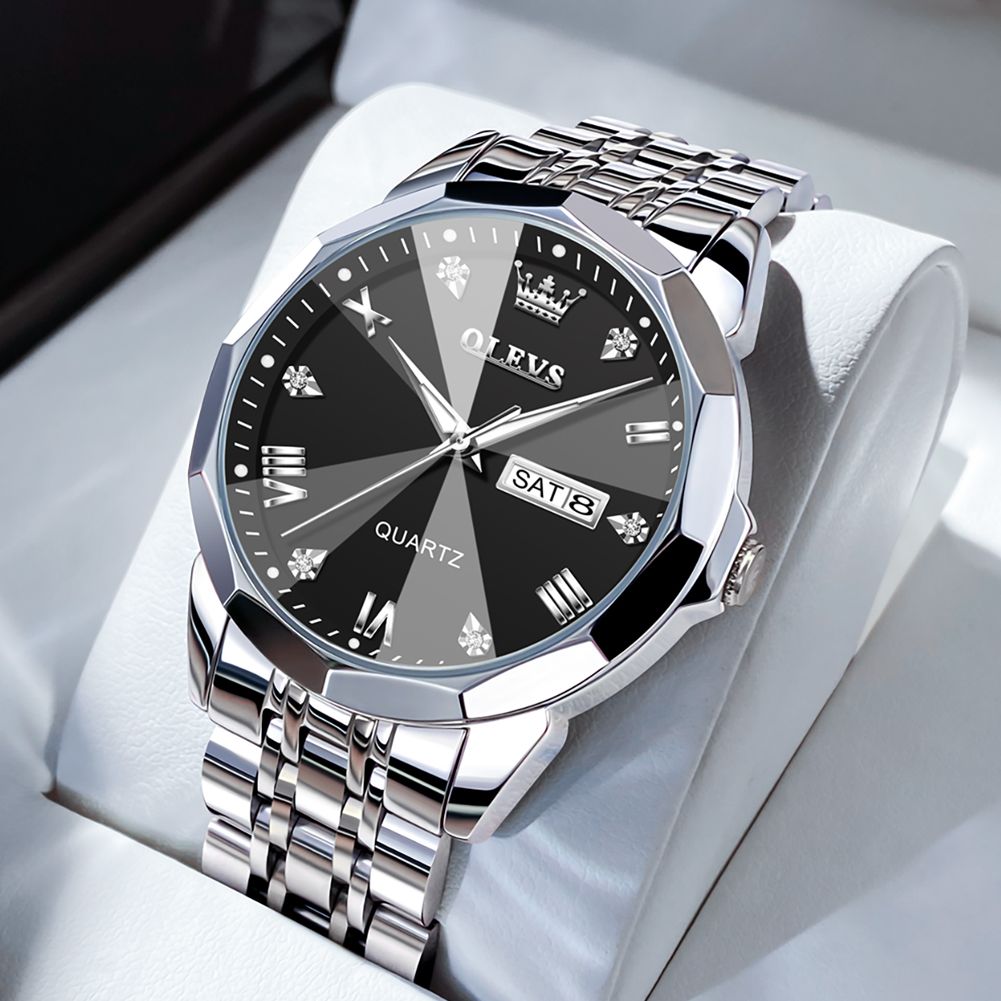 OLEVS 9931 New Business Dual Calender Luxury Rhombus Mirror Quartz Movement Unique Fashionable Wristwatch for Men