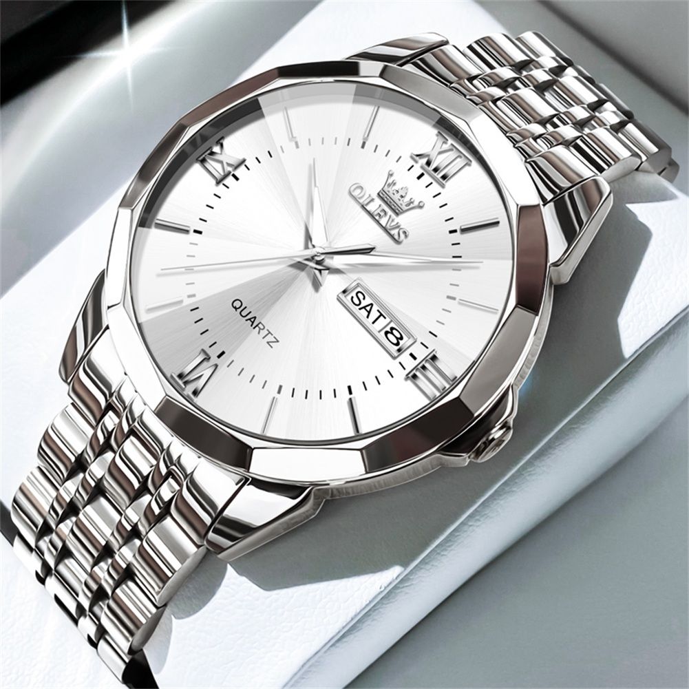OLEVS 9931 New Business Dual Calender Luxury Rhombus Mirror Quartz Movement Unique Fashionable Wristwatch for Men