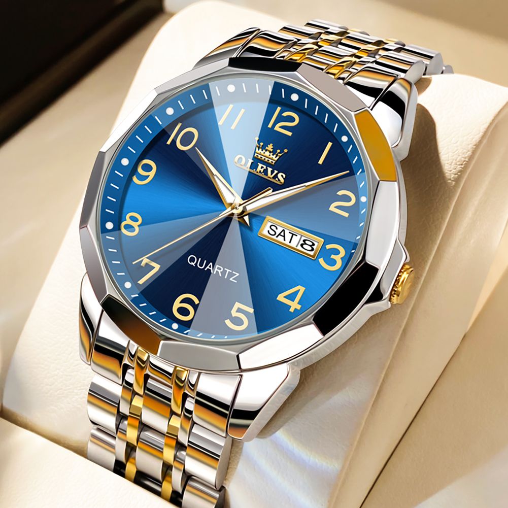 OLEVS 9931 New Business Dual Calender Luxury Rhombus Mirror Quartz Movement Unique Fashionable Wristwatch for Men