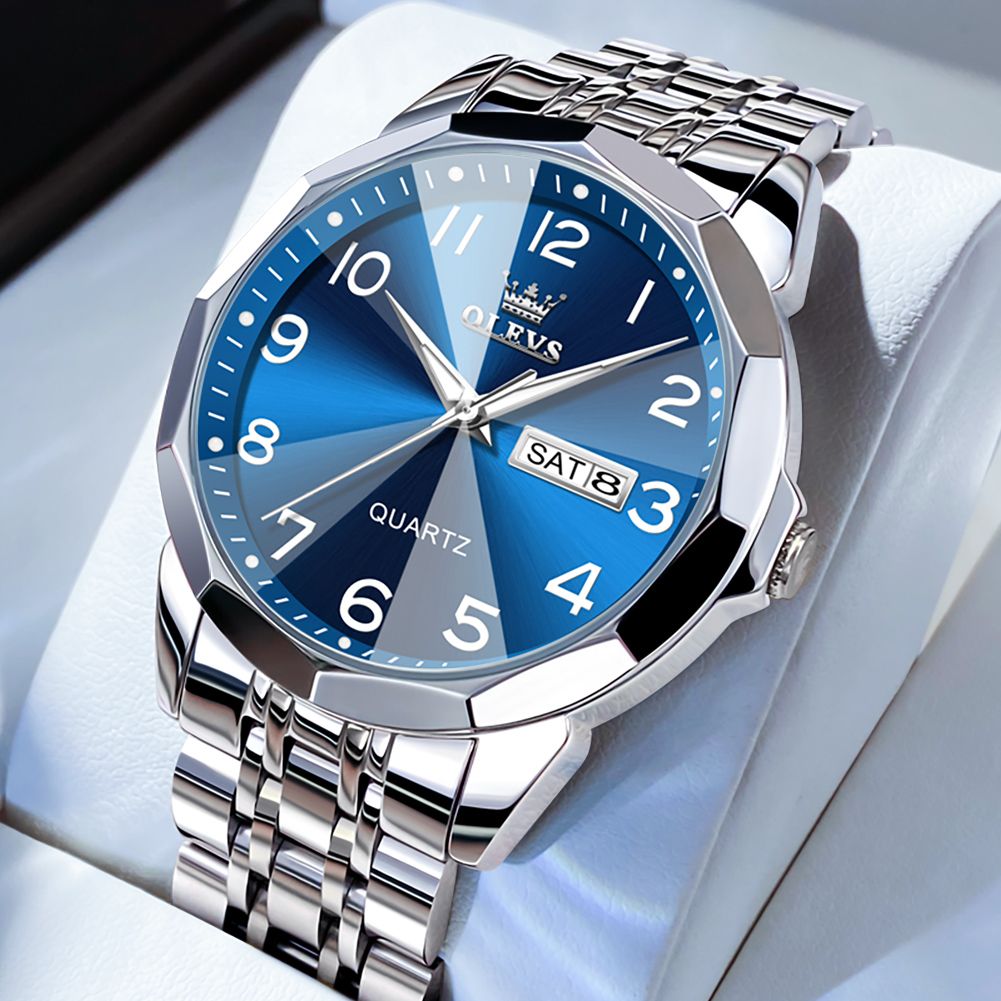 OLEVS 9931 New Business Dual Calender Luxury Rhombus Mirror Quartz Movement Unique Fashionable Wristwatch for Men