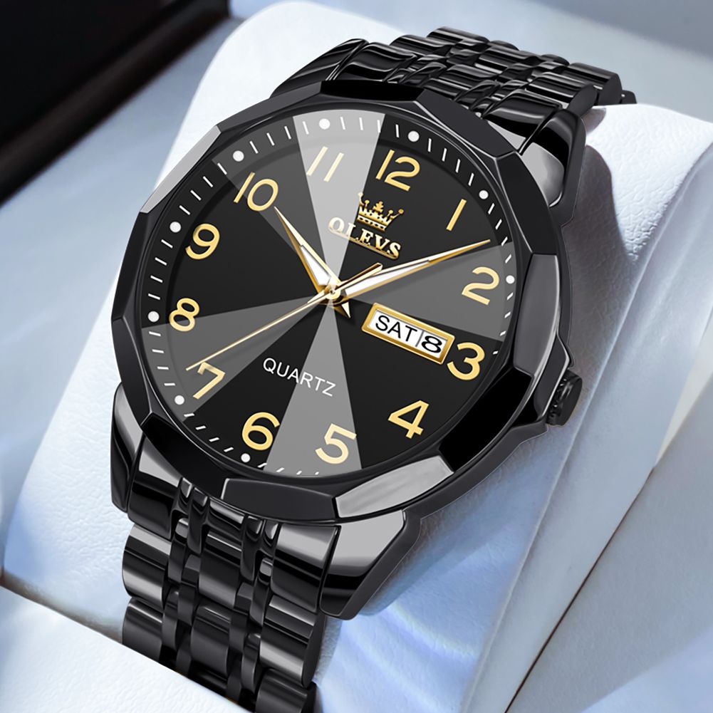 OLEVS 9931 New Business Dual Calender Luxury Rhombus Mirror Quartz Movement Unique Fashionable Wristwatch for Men