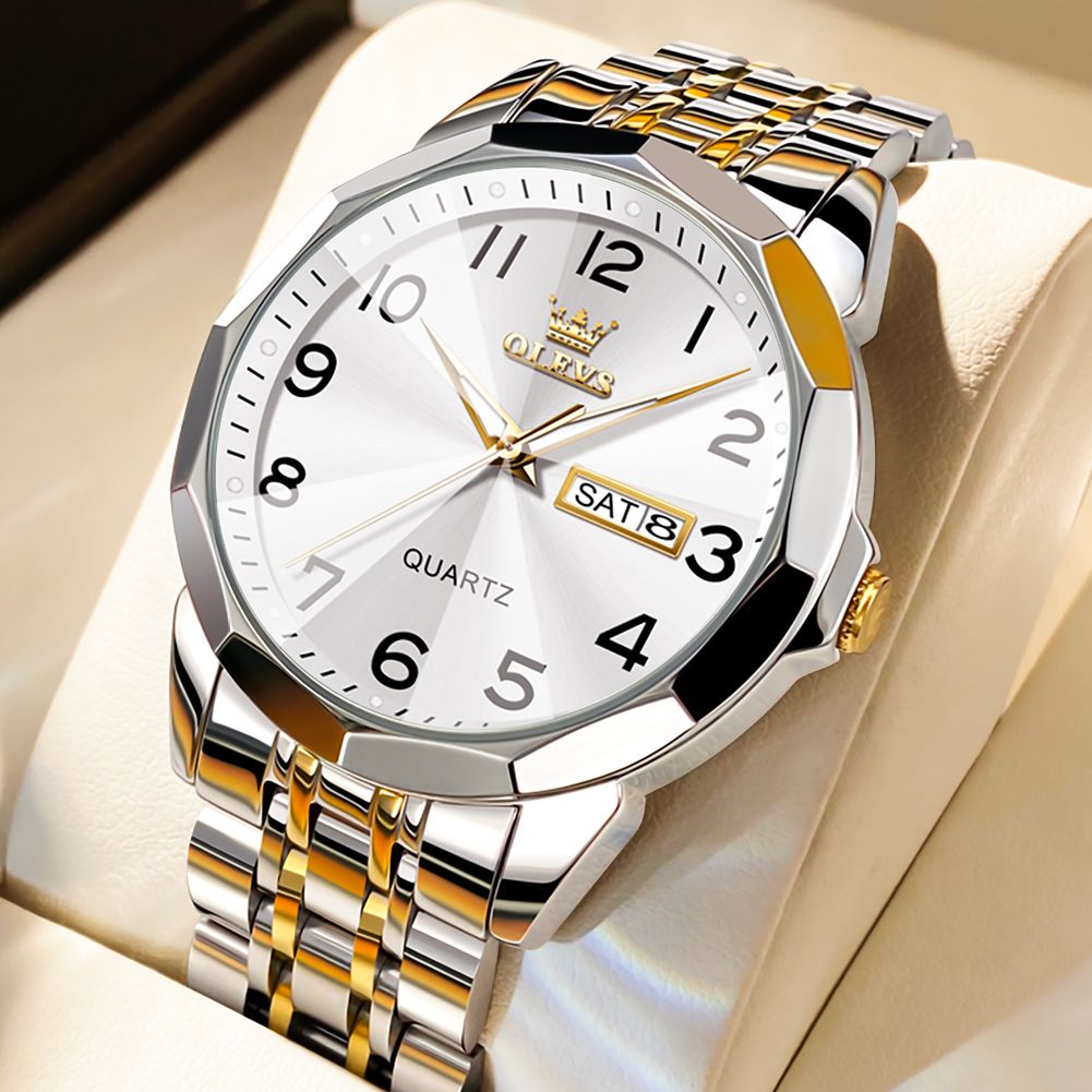 OLEVS 9931 New Business Dual Calender Luxury Rhombus Mirror Quartz Movement Unique Fashionable Wristwatch for Men
