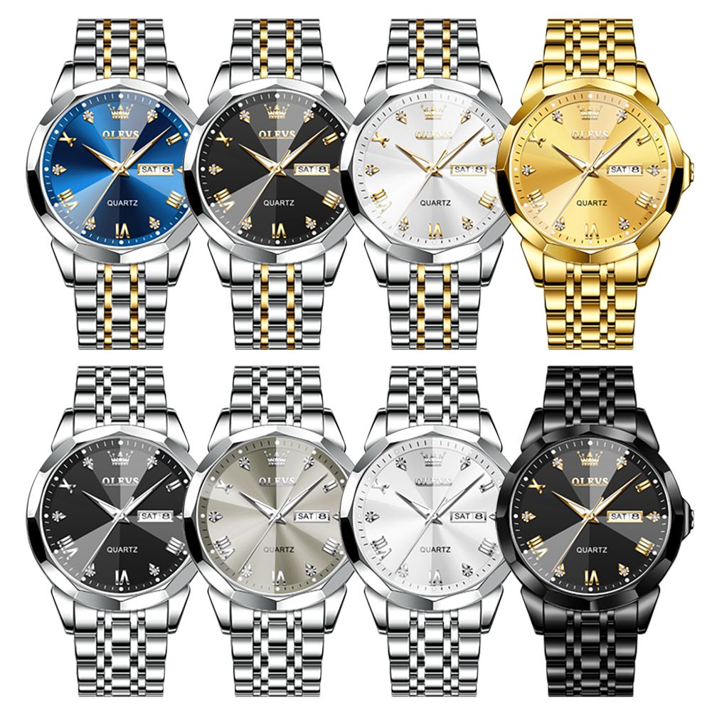 OLEVS 9931 New Business Dual Calender Luxury Rhombus Mirror Quartz Movement Unique Fashionable Wristwatch for Men