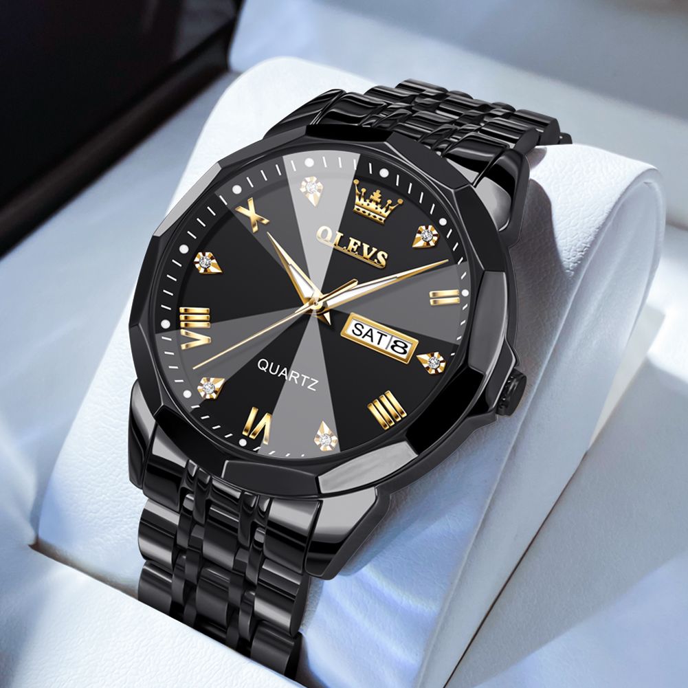 OLEVS 9931 New Business Dual Calender Luxury Rhombus Mirror Quartz Movement Unique Fashionable Wristwatch for Men