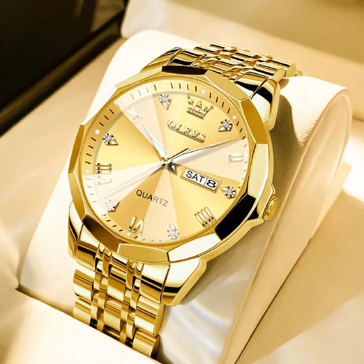 OLEVS 9931 New Business Dual Calender Luxury Rhombus Mirror Quartz Movement Unique Fashionable Wristwatch for Men