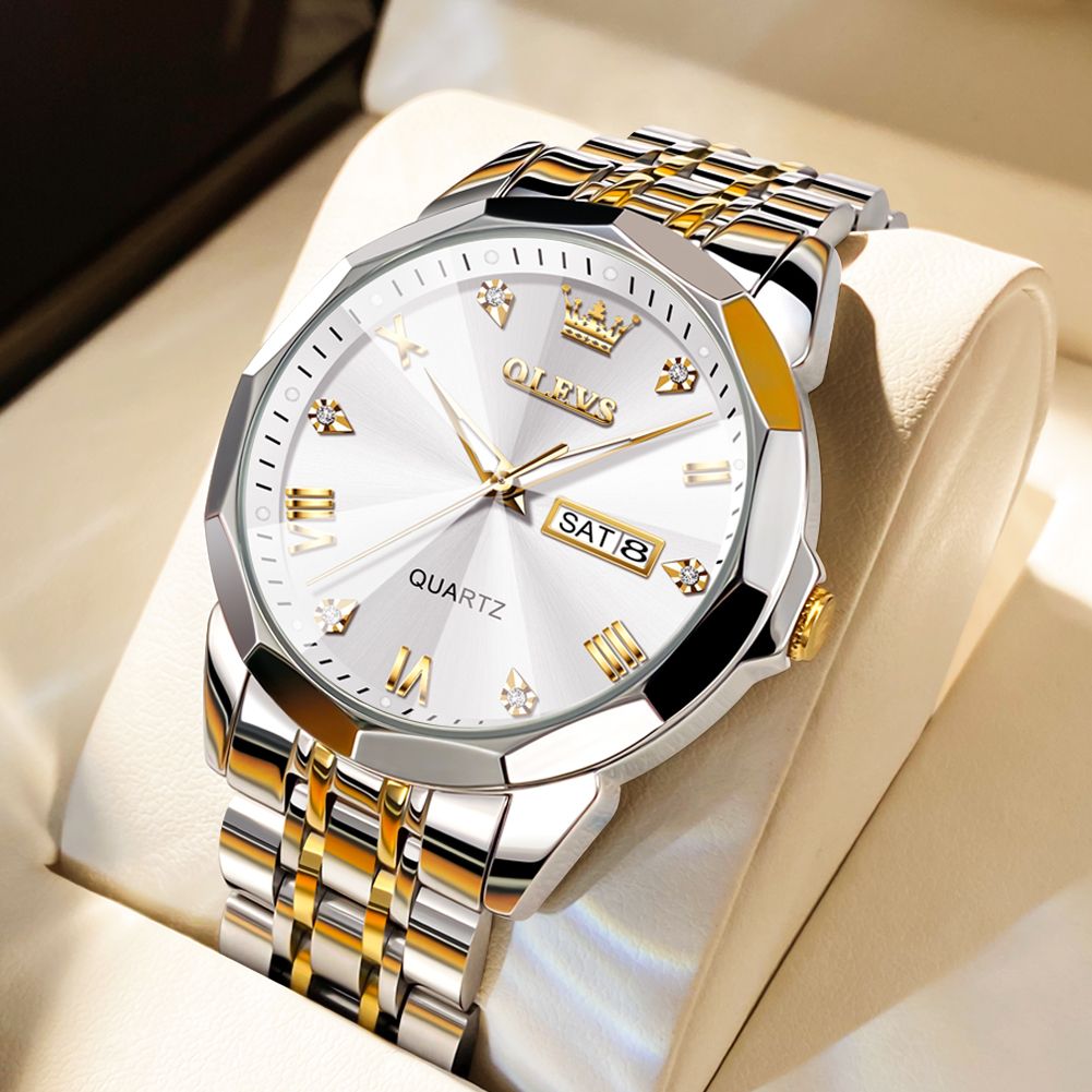 OLEVS 9931 New Business Dual Calender Luxury Rhombus Mirror Quartz Movement Unique Fashionable Wristwatch for Men
