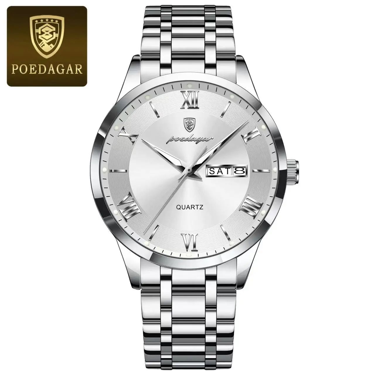 2025 POEDAGAR-978 Luxury Fashion Men Clock Waterproof Luminous Days Sports Man Wristwatch Stainless Steel Autodate Calender Day Date Luminous Chronograph Men's Quartz Watches