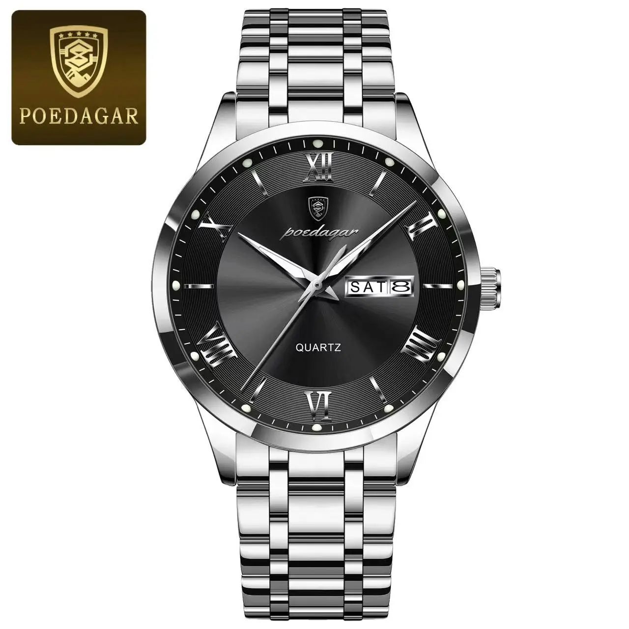 2025 POEDAGAR-978 Luxury Fashion Men Clock Waterproof Luminous Days Sports Man Wristwatch Stainless Steel Autodate Calender Day Date Luminous Chronograph Men's Quartz Watches
