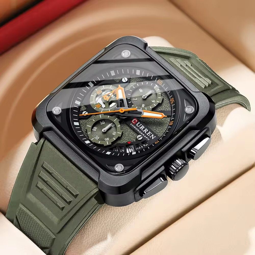 2025 CURREN Luxury Men’s Chronograph Watch Sporty, Unique Square Dial, Luminous Hands, Auto Date, Waterproof, Silicone Strap, Military & Business Style, Original Quartz Movement