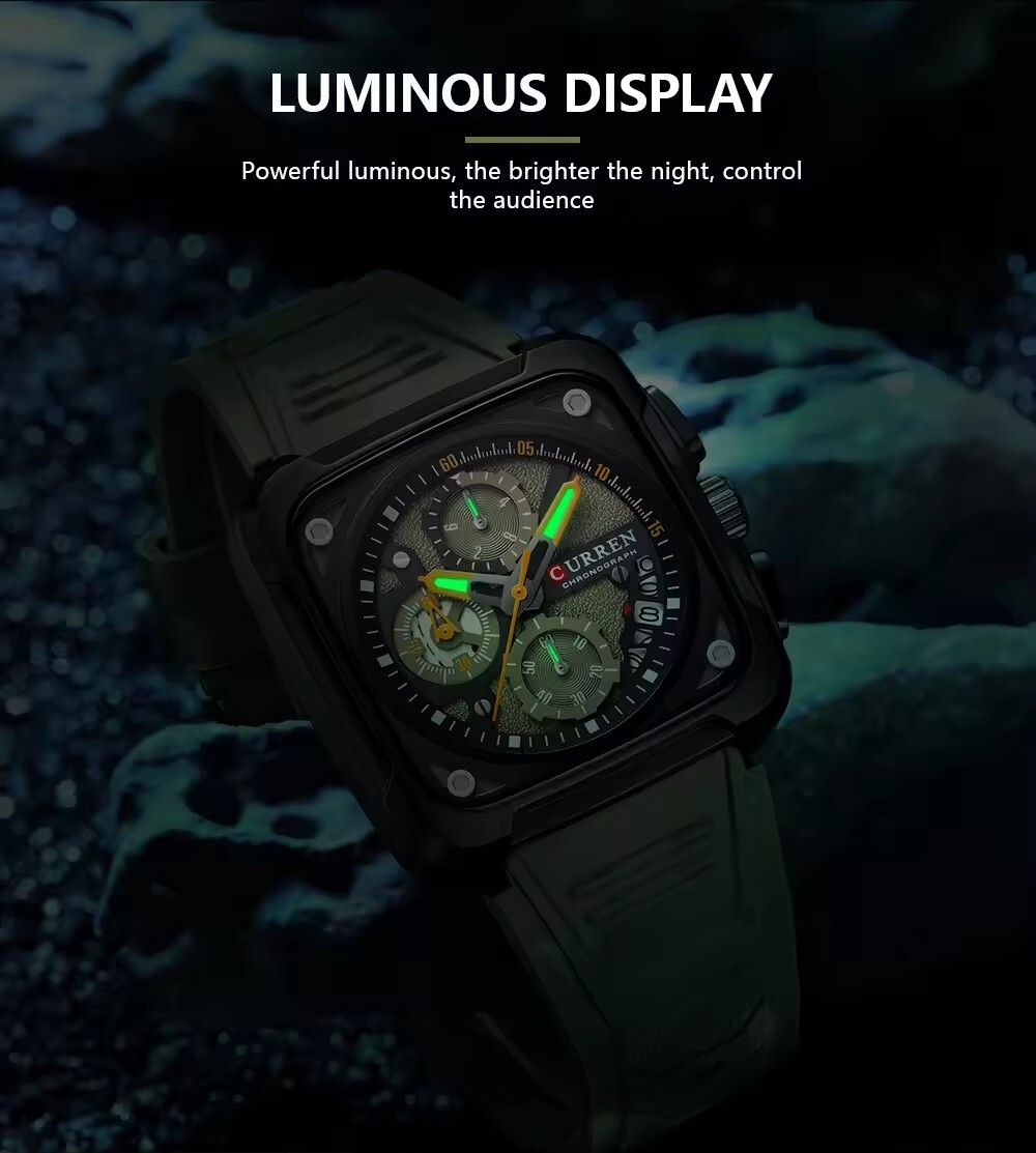 2025 CURREN Luxury Men’s Chronograph Watch Sporty, Unique Square Dial, Luminous Hands, Auto Date, Waterproof, Silicone Strap, Military & Business Style, Original Quartz Movement