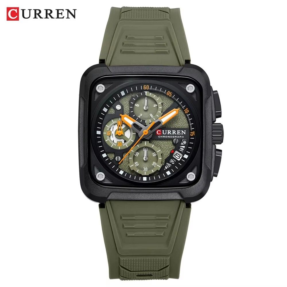2025 CURREN Luxury Men’s Chronograph Watch Sporty, Unique Square Dial, Luminous Hands, Auto Date, Waterproof, Silicone Strap, Military & Business Style, Original Quartz Movement