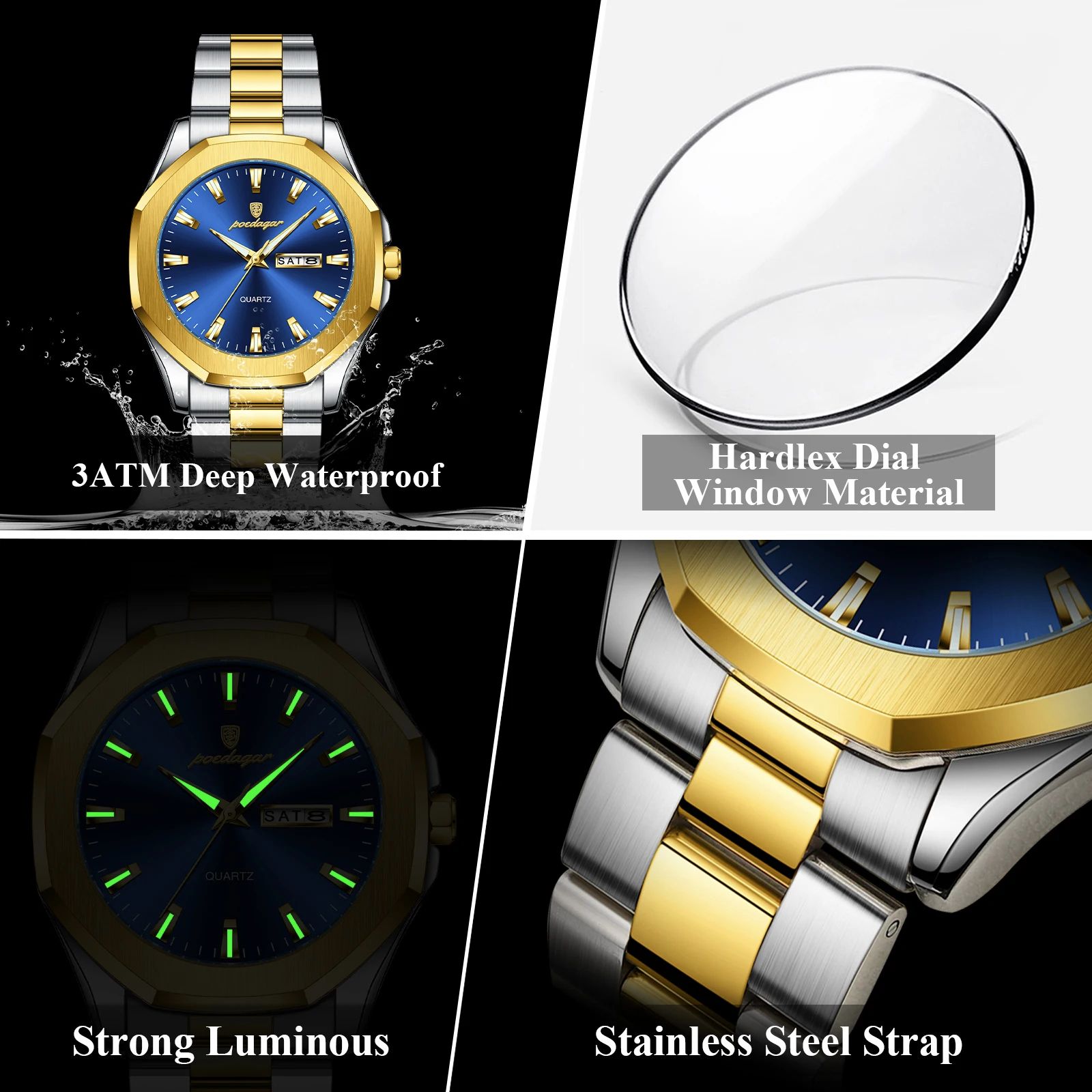 2025 POEDAGAR Luxury Men’s Waterproof Quartz Watch – Original Design Luminous Display, Week and Date Function Durable Stainless Steel, Sport Chronograph Everyday Wear