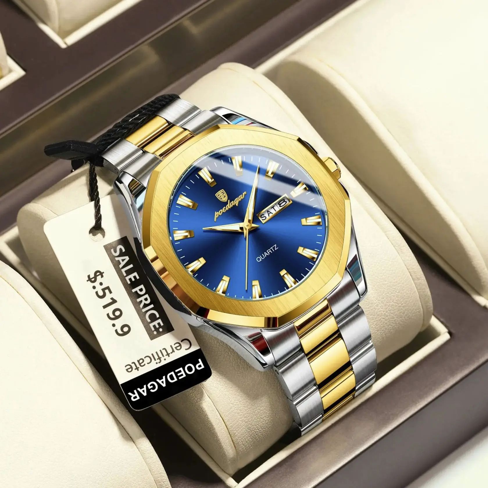 2025 POEDAGAR Luxury Men’s Waterproof Quartz Watch – Original Design Luminous Display, Week and Date Function Durable Stainless Steel, Sport Chronograph Everyday Wear