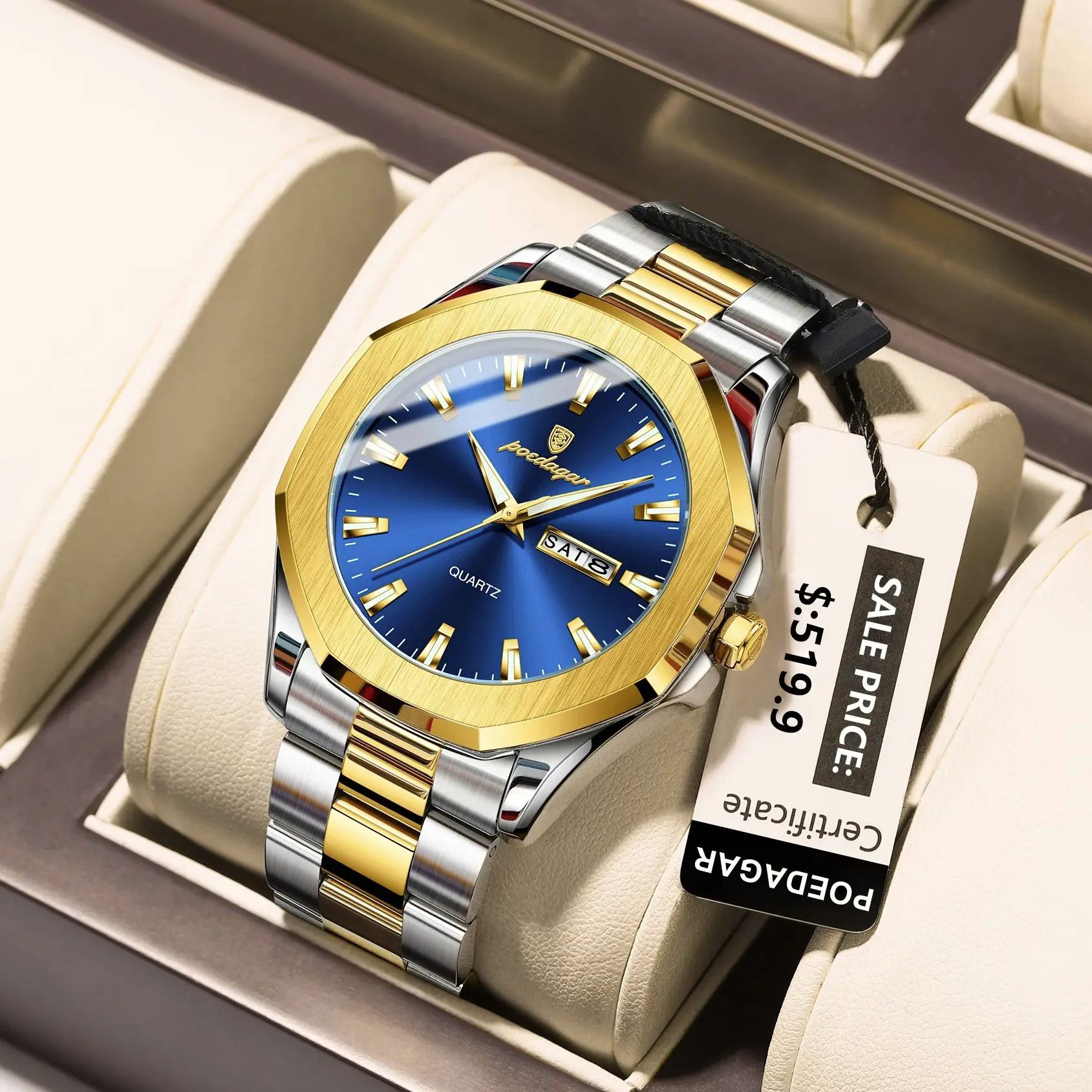 2025 POEDAGAR Luxury Men’s Waterproof Quartz Watch – Original Design Luminous Display, Week and Date Function Durable Stainless Steel, Sport Chronograph Everyday Wear