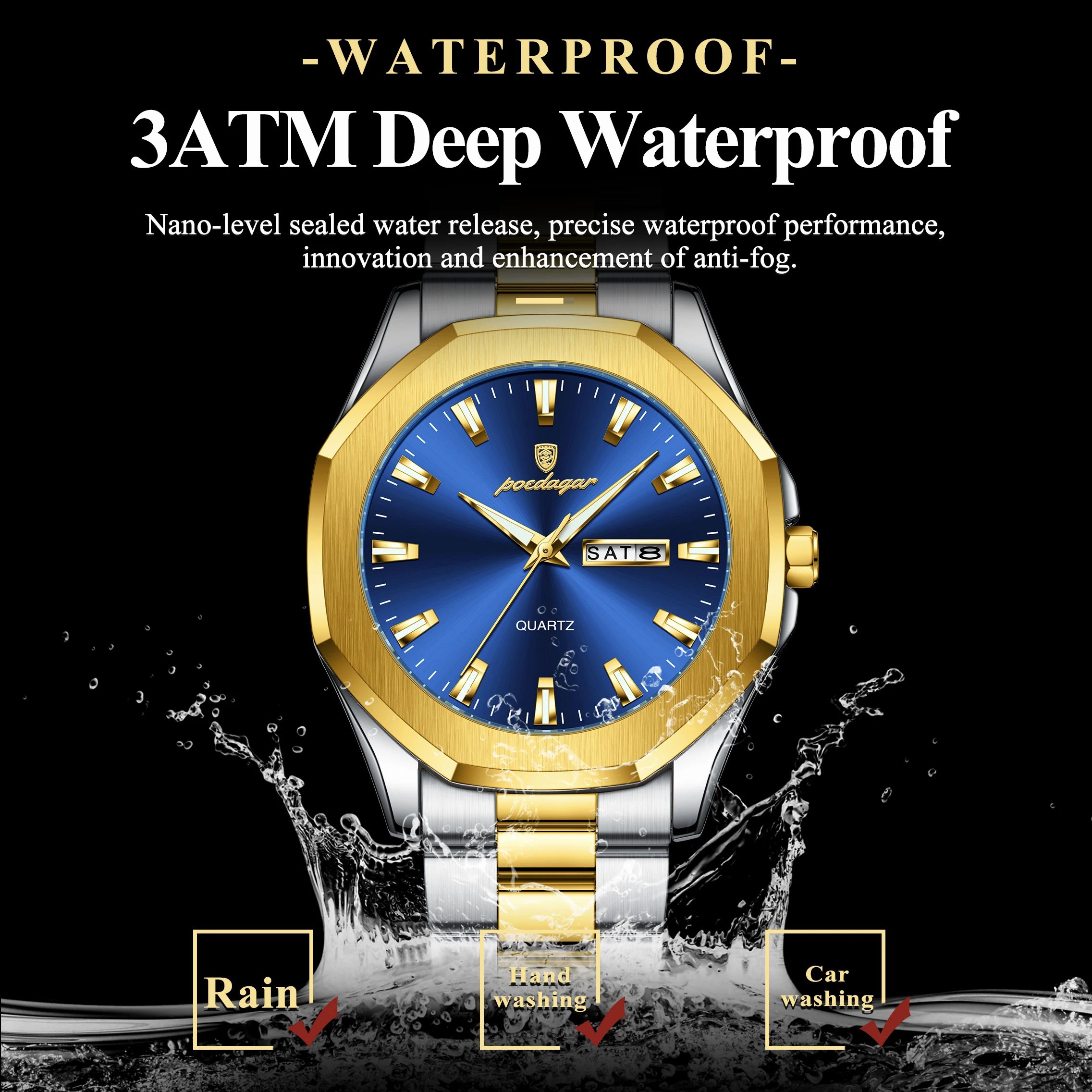 2025 POEDAGAR Luxury Men’s Waterproof Quartz Watch – Original Design Luminous Display, Week and Date Function Durable Stainless Steel, Sport Chronograph Everyday Wear