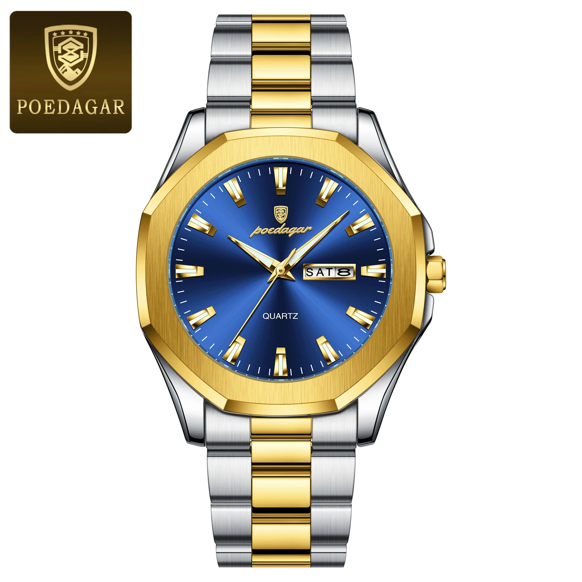 2025 POEDAGAR Luxury Men’s Waterproof Quartz Watch – Original Design Luminous Display, Week and Date Function Durable Stainless Steel, Sport Chronograph Everyday Wear