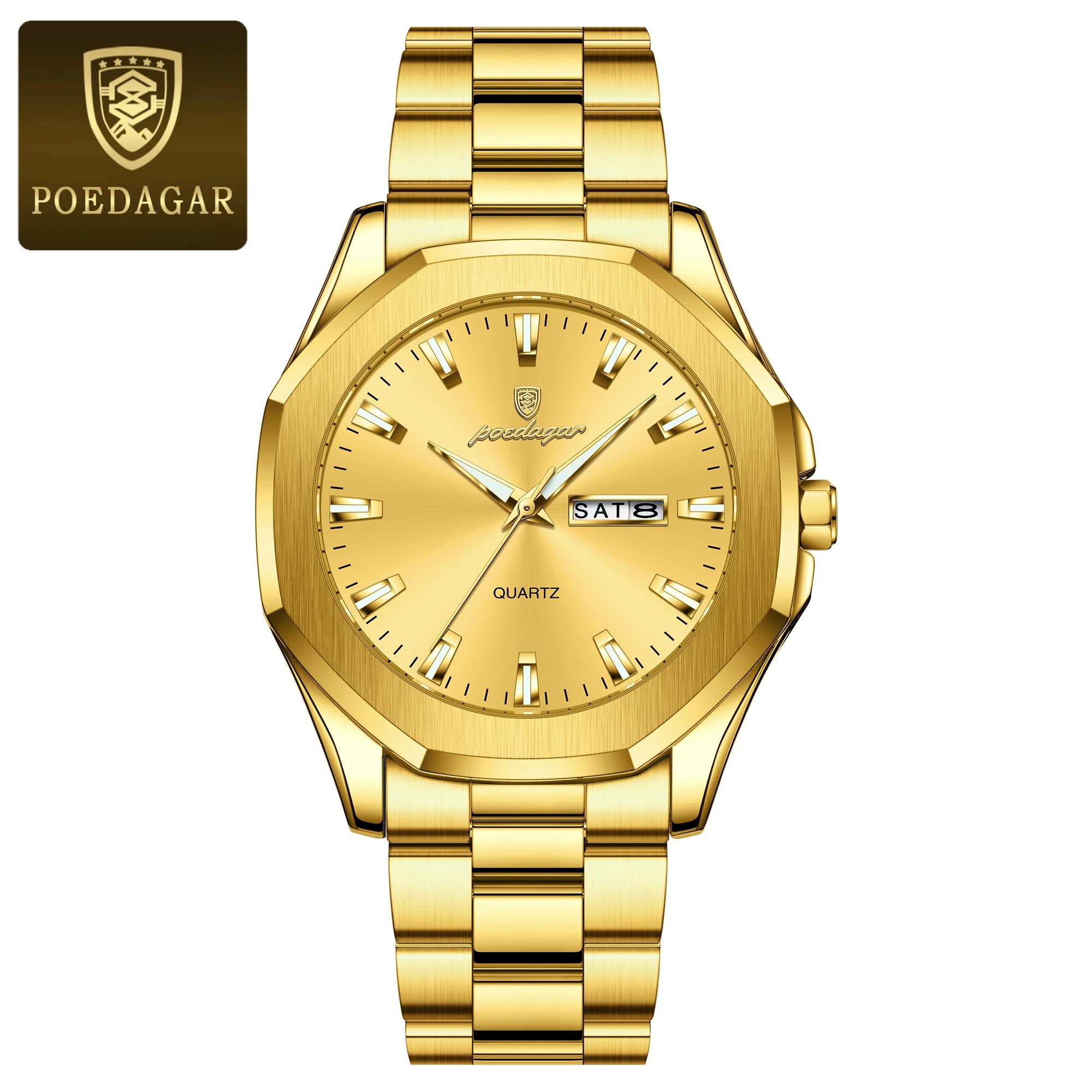 2025 POEDAGAR Luxury Men’s Waterproof Quartz Watch – Original Design Luminous Display, Week and Date Function Durable Stainless Steel, Sport Chronograph Everyday Wear