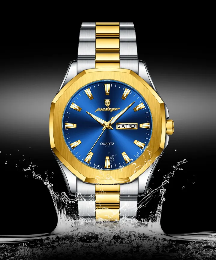 2025 POEDAGAR Luxury Men’s Waterproof Quartz Watch – Original Design Luminous Display, Week and Date Function Durable Stainless Steel, Sport Chronograph Everyday Wear