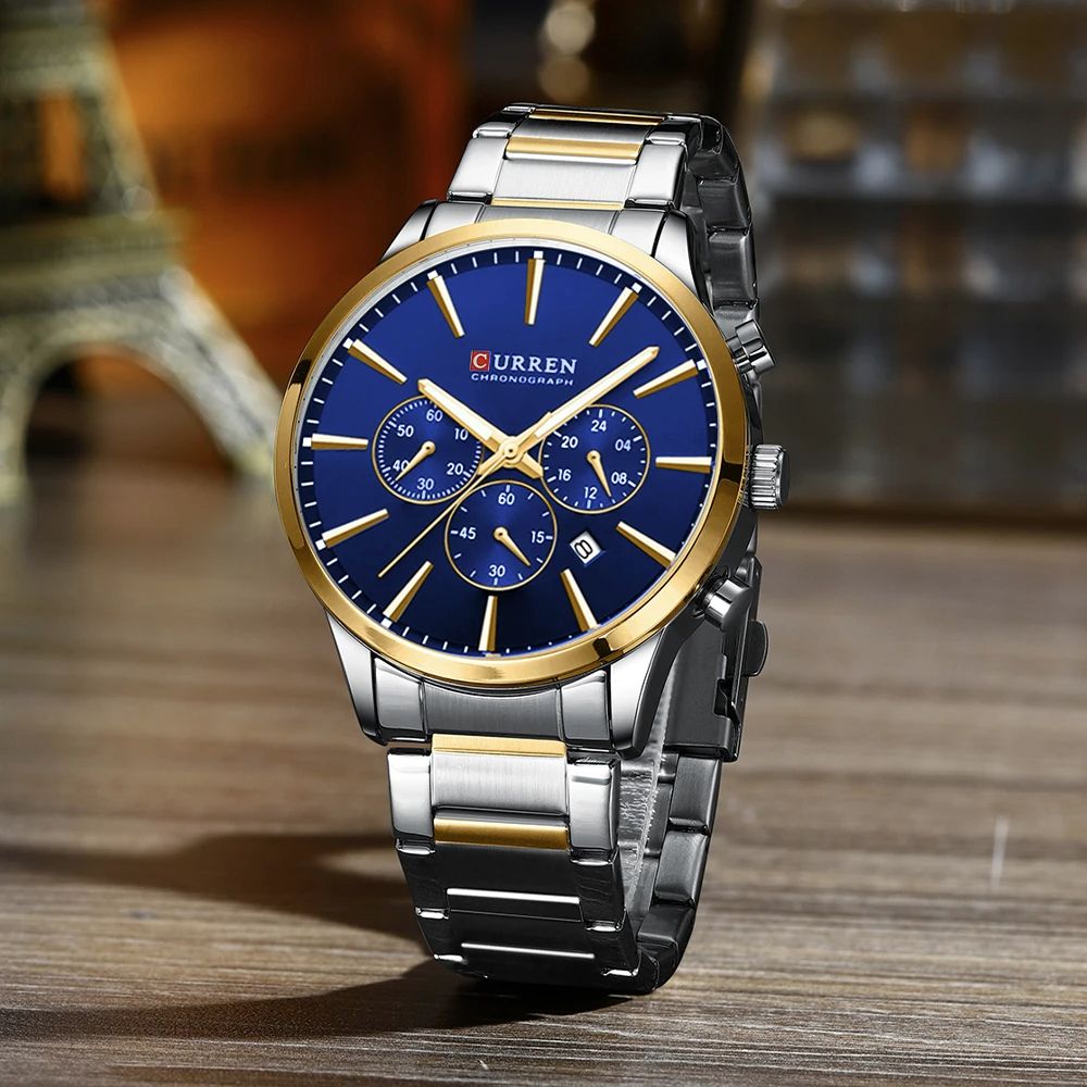 Top Brand 2025 CURREN Classic Business Luxury Men's Quartz Watch with Silver and Blue Accents Luminous Chronograph, Calendar, and Waterproof Functionality Ideal for Casual or Sports Wear