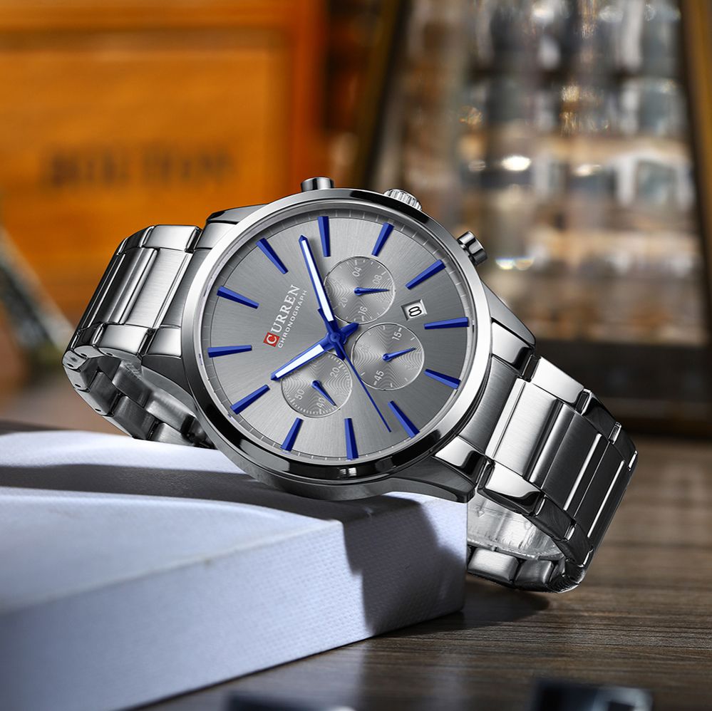 Top Brand 2025 CURREN Classic Business Luxury Men's Quartz Watch with Silver and Blue Accents Luminous Chronograph, Calendar, and Waterproof Functionality Ideal for Casual or Sports Wear