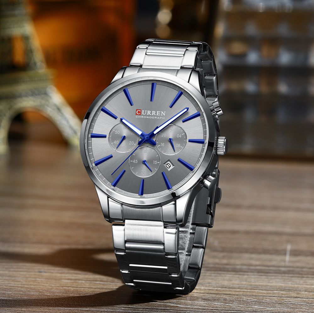 Top Brand 2025 CURREN Classic Business Luxury Men's Quartz Watch with Silver and Blue Accents Luminous Chronograph, Calendar, and Waterproof Functionality Ideal for Casual or Sports Wear