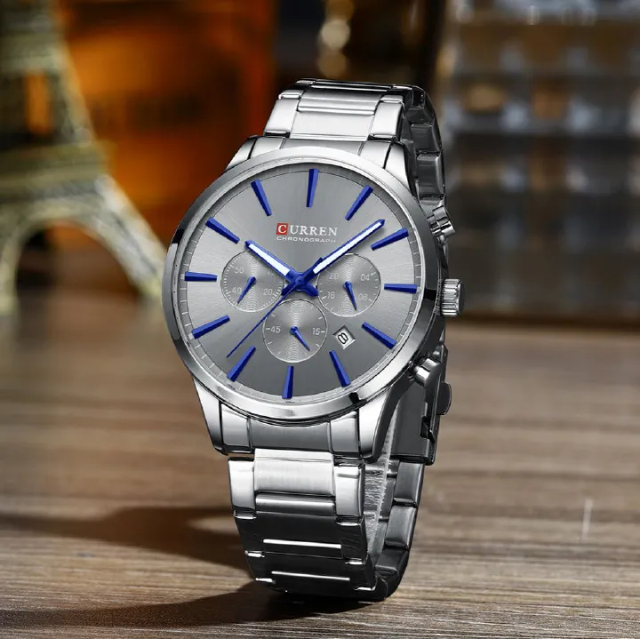 Top Brand 2025 CURREN Classic Business Luxury Men's Quartz Watch with Silver and Blue Accents Luminous Chronograph, Calendar, and Waterproof Functionality Ideal for Casual or Sports Wear