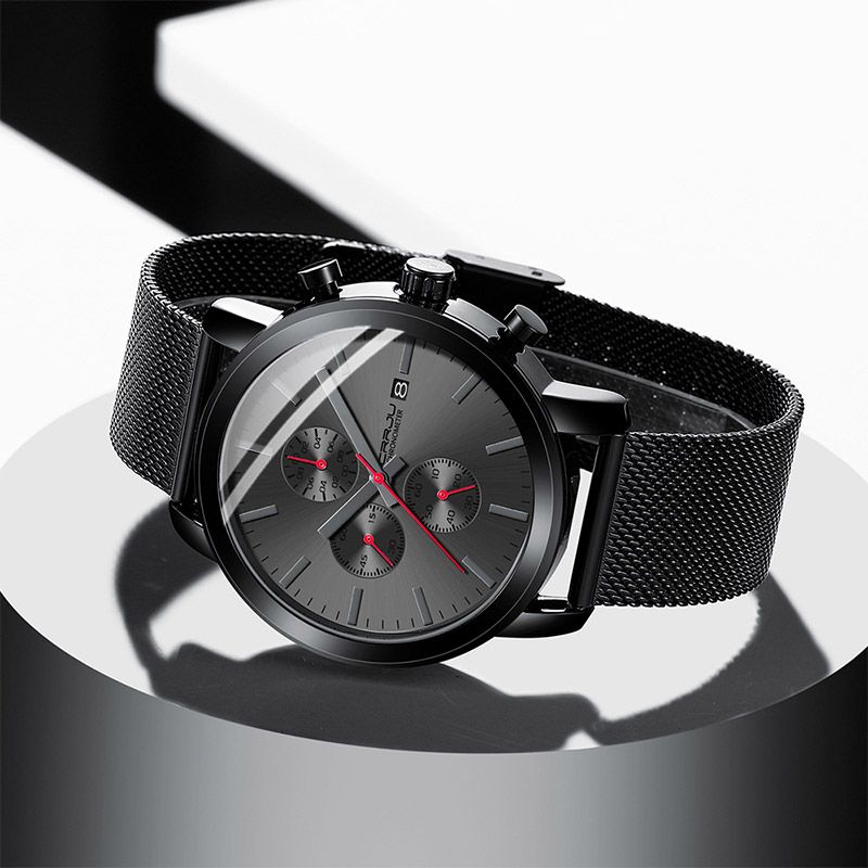 NEW Fashion CRRJU  2025 Men’s Luxury Brand Military Sport Quartz Watch Design Black Mesh Stainless Steel Strap Alloy Case Waterproof Chronograph Luminous Date Display Stylish Durable