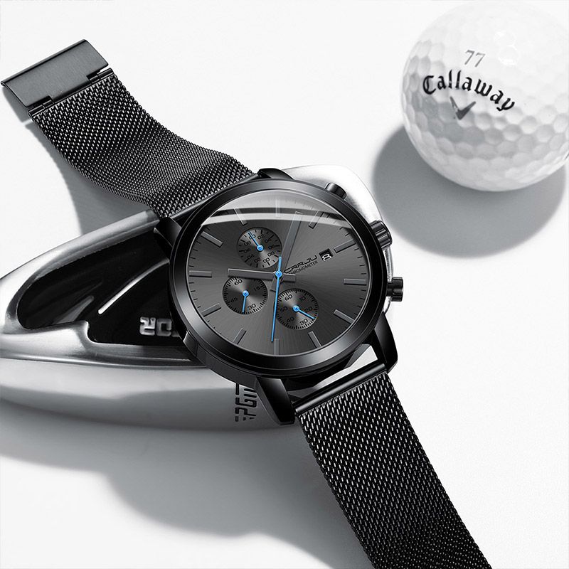 NEW Fashion CRRJU  2025 Men’s Luxury Brand Military Sport Quartz Watch Design Black Mesh Stainless Steel Strap Alloy Case Waterproof Chronograph Luminous Date Display Stylish Durable