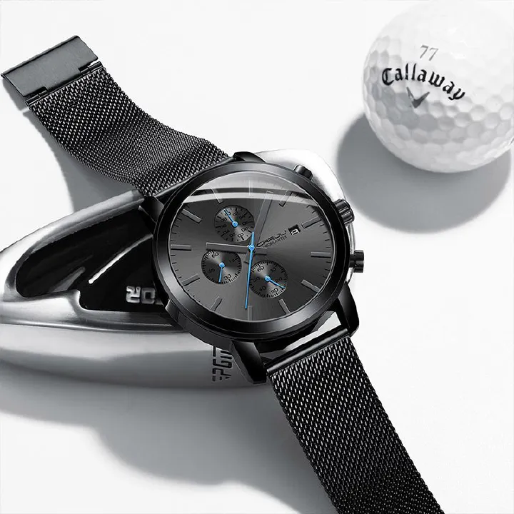 NEW Fashion CRRJU  2025 Men’s Luxury Brand Military Sport Quartz Watch Design Black Mesh Stainless Steel Strap Alloy Case Waterproof Chronograph Luminous Date Display Stylish Durable