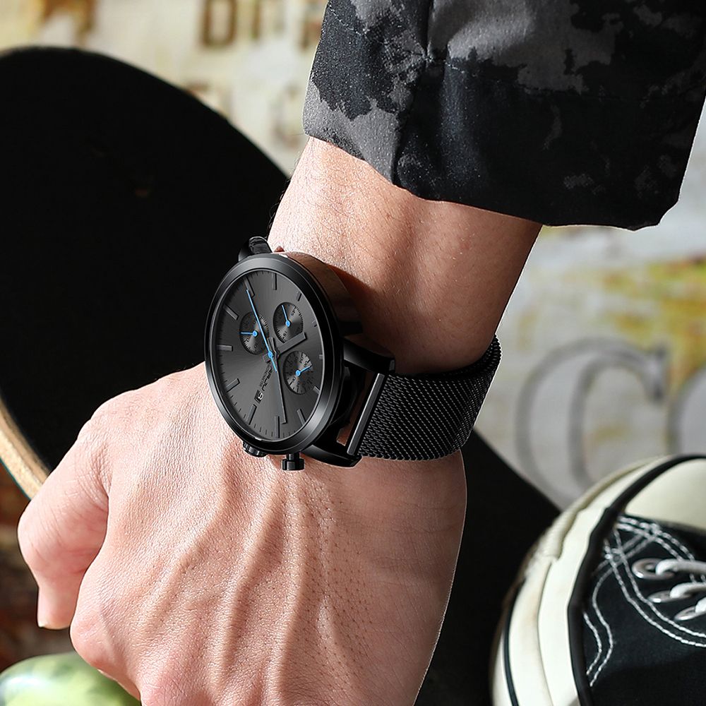 NEW Fashion CRRJU  2025 Men’s Luxury Brand Military Sport Quartz Watch Design Black Mesh Stainless Steel Strap Alloy Case Waterproof Chronograph Luminous Date Display Stylish Durable