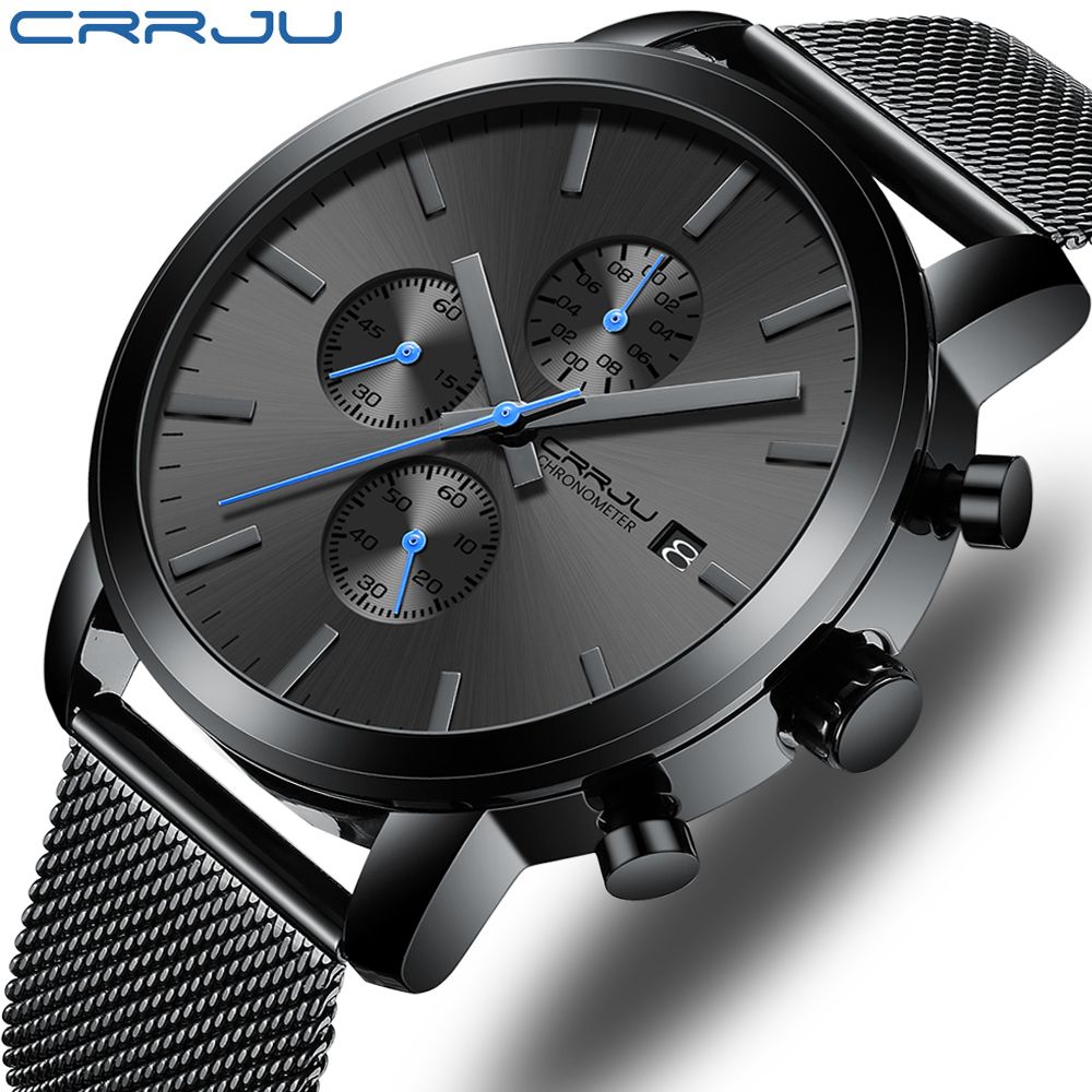 NEW Fashion CRRJU  2025 Men’s Luxury Brand Military Sport Quartz Watch Design Black Mesh Stainless Steel Strap Alloy Case Waterproof Chronograph Luminous Date Display Stylish Durable