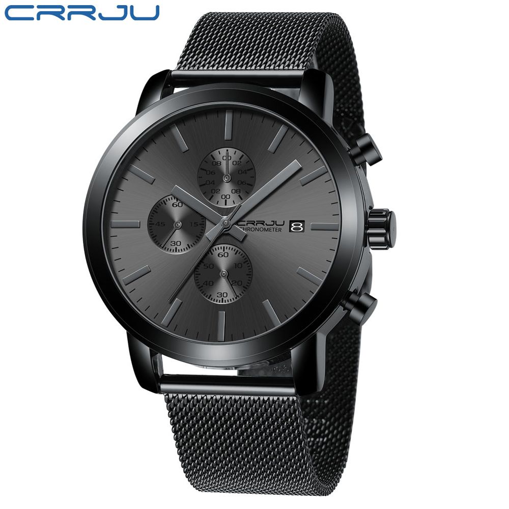 NEW Fashion CRRJU  2025 Men’s Luxury Brand Military Sport Quartz Watch Design Black Mesh Stainless Steel Strap Alloy Case Waterproof Chronograph Luminous Date Display Stylish Durable