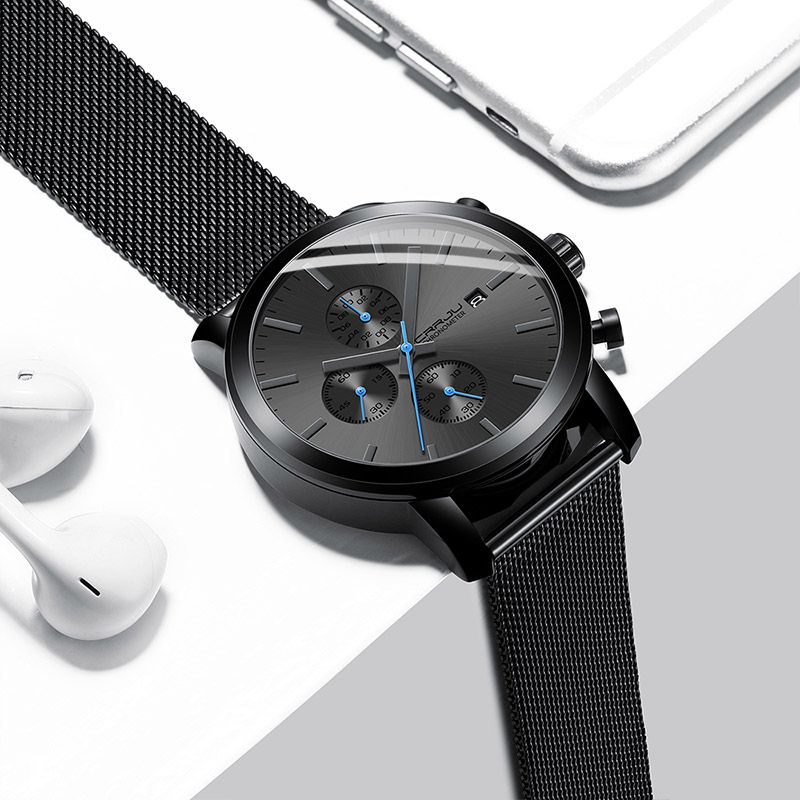 NEW Fashion CRRJU  2025 Men’s Luxury Brand Military Sport Quartz Watch Design Black Mesh Stainless Steel Strap Alloy Case Waterproof Chronograph Luminous Date Display Stylish Durable