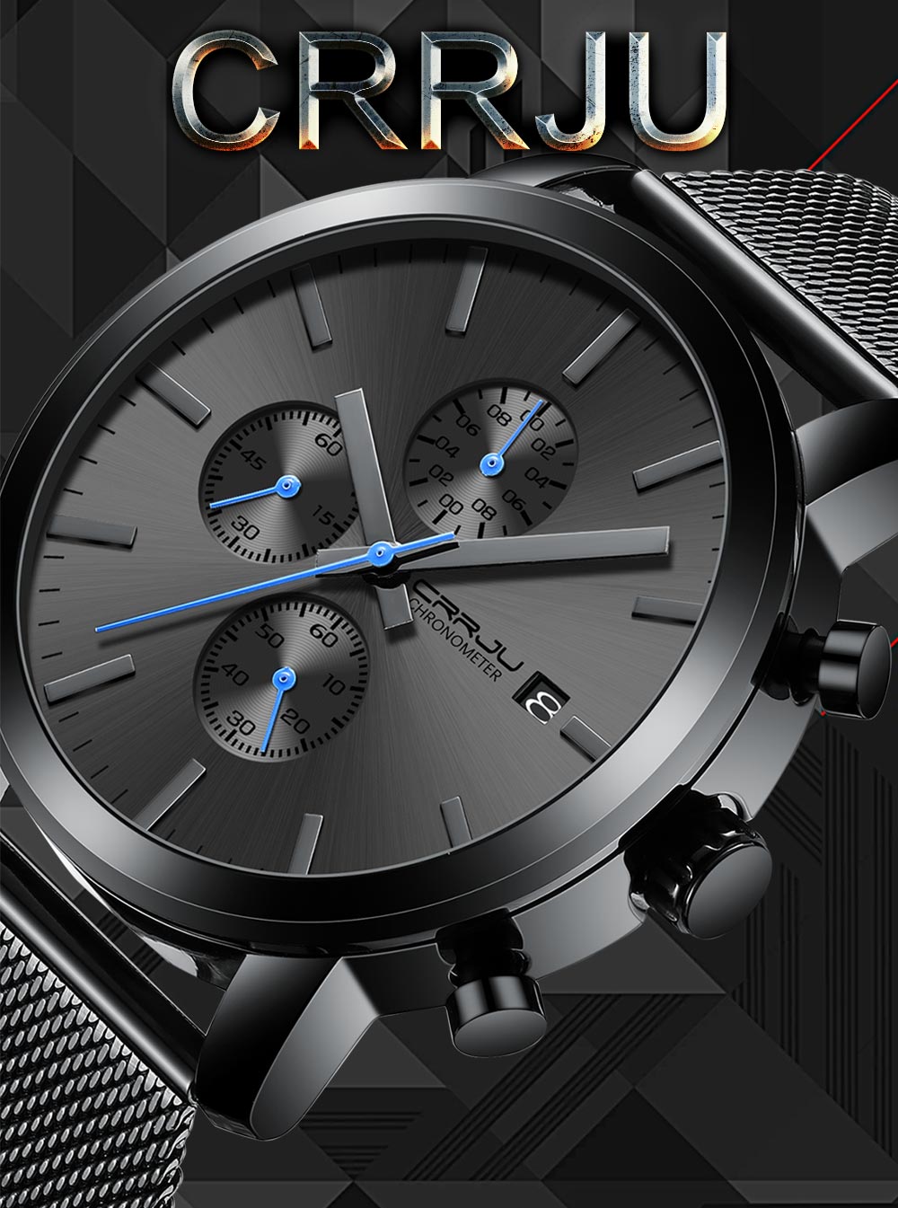 NEW Fashion CRRJU  2025 Men’s Luxury Brand Military Sport Quartz Watch Design Black Mesh Stainless Steel Strap Alloy Case Waterproof Chronograph Luminous Date Display Stylish Durable