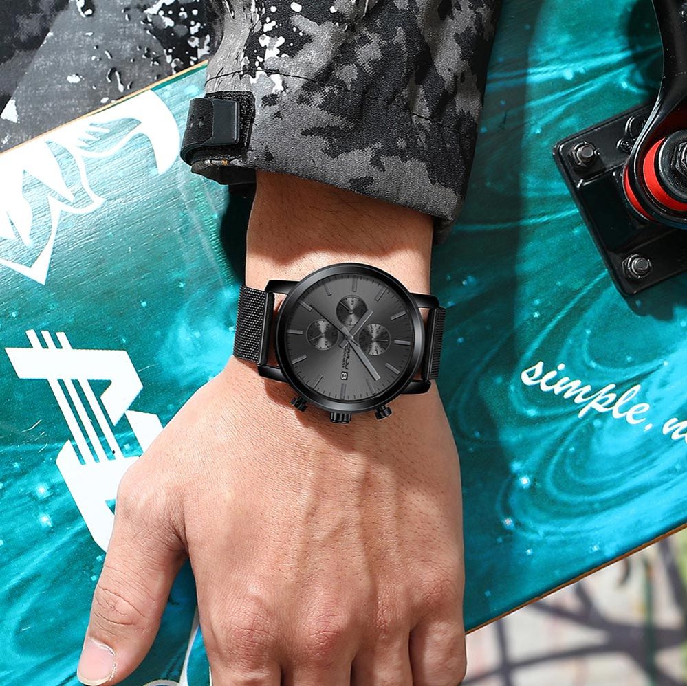 NEW Fashion CRRJU  2025 Men’s Luxury Brand Military Sport Quartz Watch Design Black Mesh Stainless Steel Strap Alloy Case Waterproof Chronograph Luminous Date Display Stylish Durable